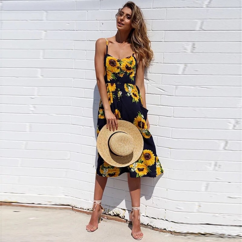 NEW Navyblue Floral Print Spaghetti Strap Sundress - Picture 2 of 10